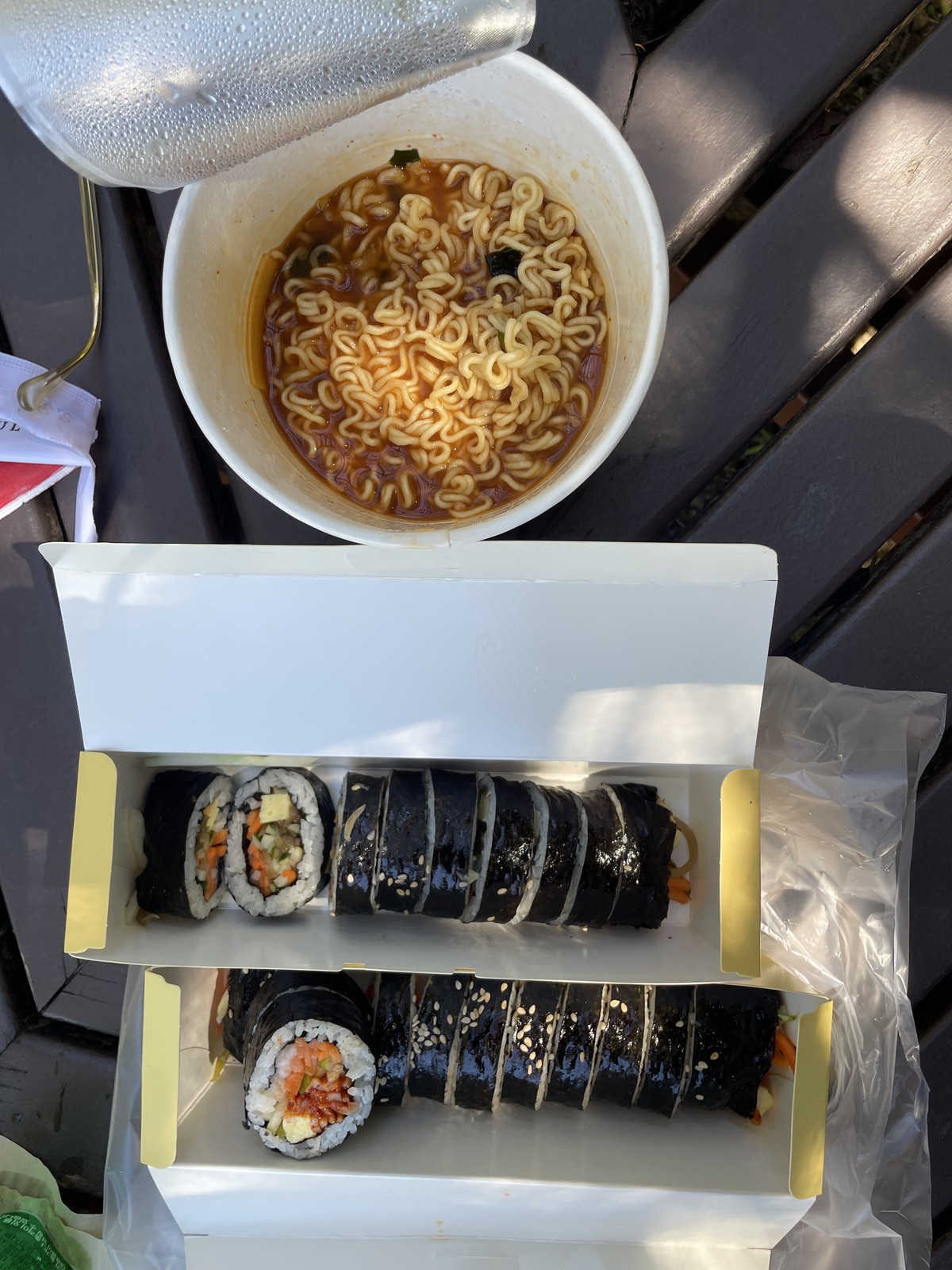 Yachae Gimbap, Spicy Jinmichae Gimbap, and Saeutang Cup Ramyeon